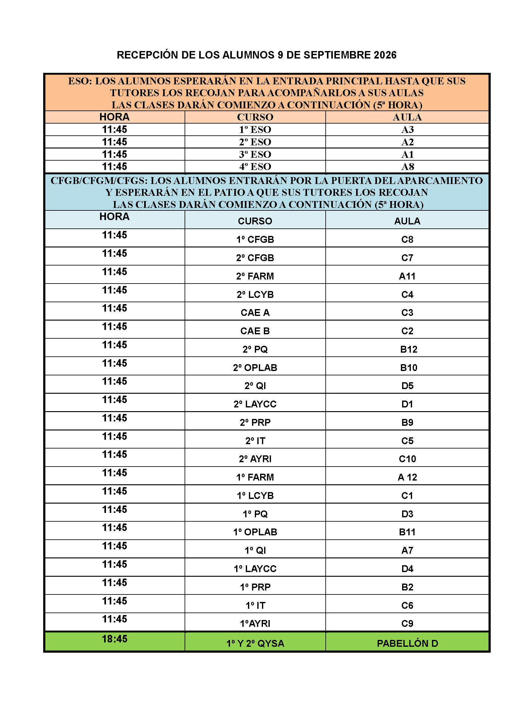 Calendario de Recepción 2026/2027 Calendario de recepción del alumnado para el curso 2026/2027